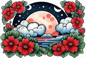 Raining cloud and moon with red geraniums tattoo idea
