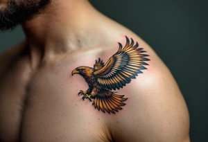 A majestic eagle in flight with wings spread wide, its feathers detailed in shades of deep brown, gold, and cream. tattoo idea