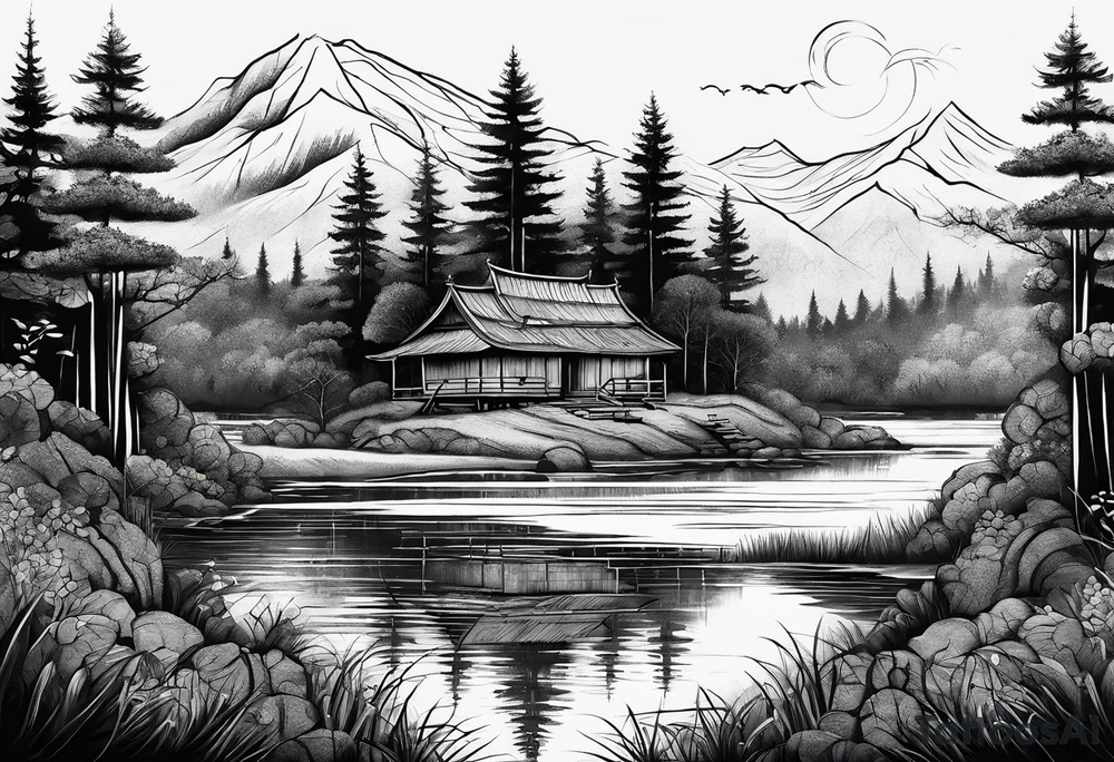 A small forest with a round lake. With a small island in the middle. On the island there a gate tattoo idea