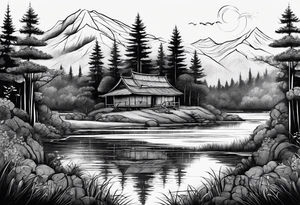 A small forest with a round lake. With a small island in the middle. On the island there a gate tattoo idea