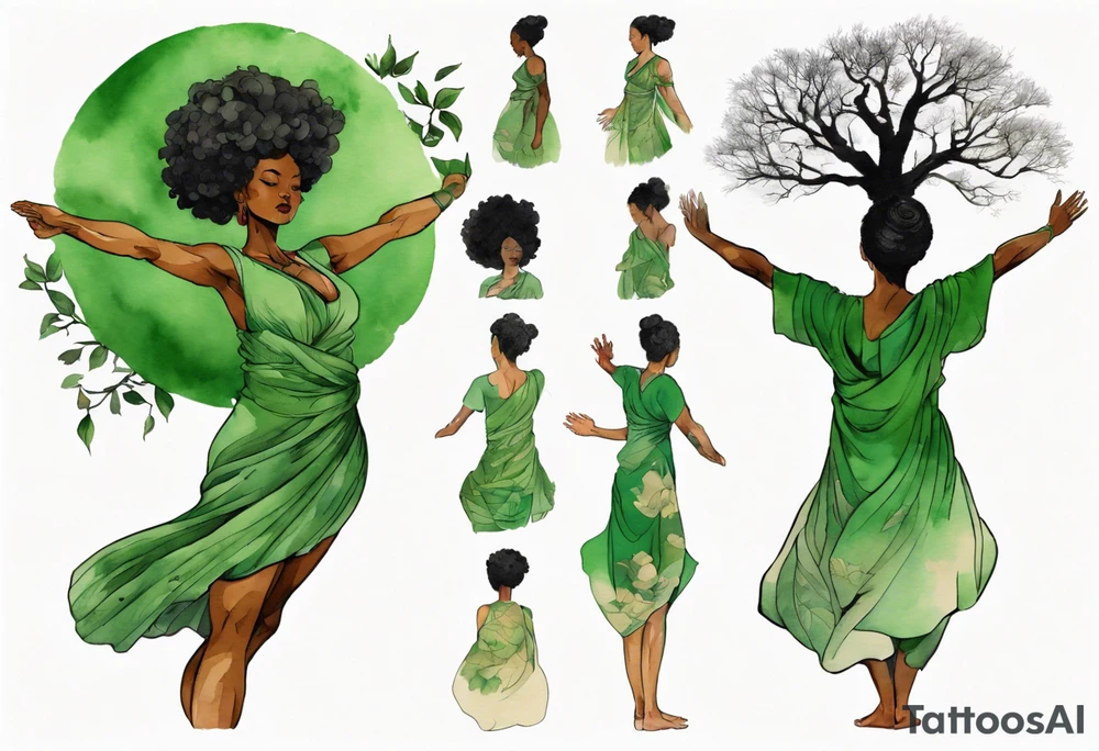 a tree with a trunk that turns into a black woman reaching with her arms towards the sun, wearing a green tunic tattoo idea