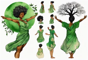 a tree with a trunk that turns into a black woman reaching with her arms towards the sun, wearing a green tunic tattoo idea