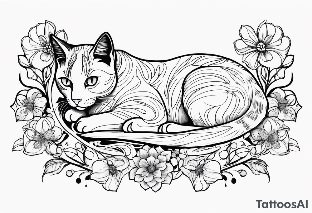 Art nouveau forearm tattoo of cat laying in flowers. tattoo idea