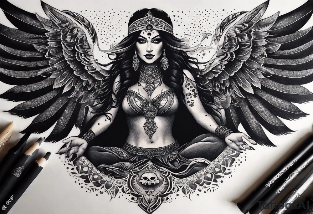 black kali, goddess pirate, alien, angel, pachamama, valkrye, warrior, flying, skull, lotus azul, wing, eagle, zenza resonance, stars, 5D, anahata chakra, death, durga, riding on a tiger, flying lady, chest tatoo tattoo idea