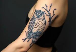 wise owl perched on ancient oak branch under starlit sky tattoo idea