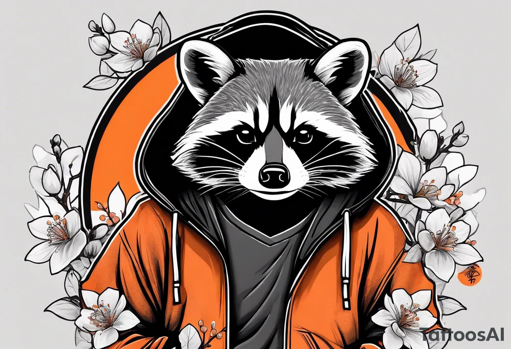 Raccoon wearing a white Superman logo on a black hoodie and orange Japanese cherry blossoms beside tattoo idea