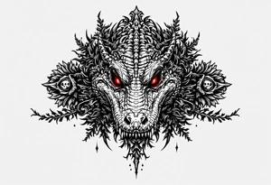 powerful aligator with red eyes, surrounded by death ornaments tattoo idea