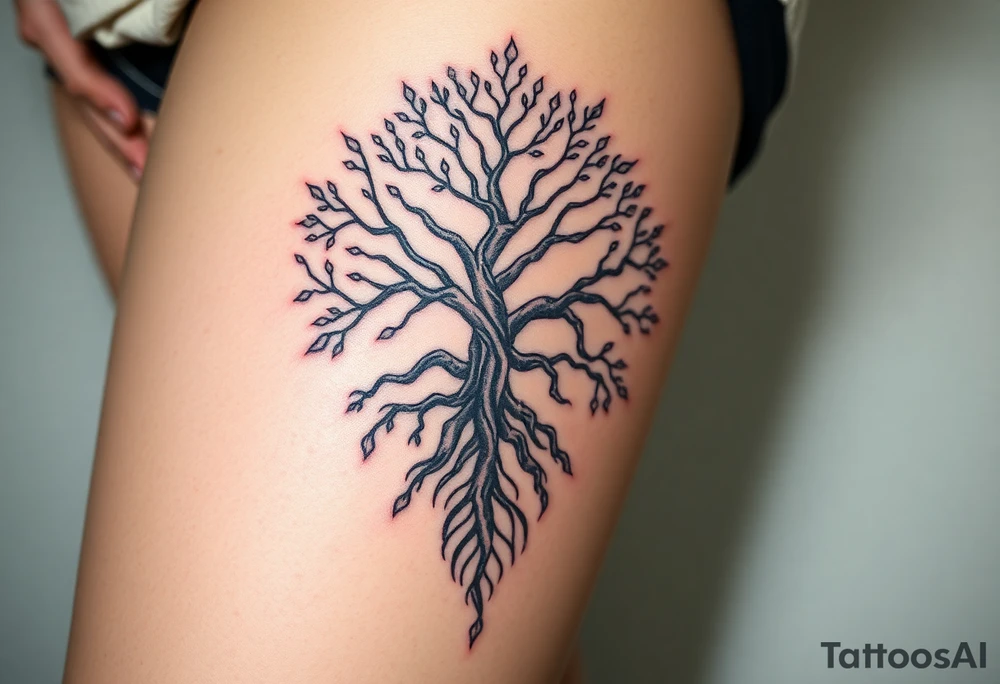 mystical tree of life with cosmic roots and celestial branches tattoo idea