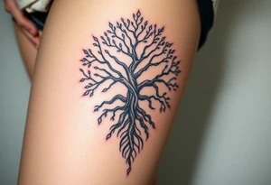 mystical tree of life with cosmic roots and celestial branches tattoo idea