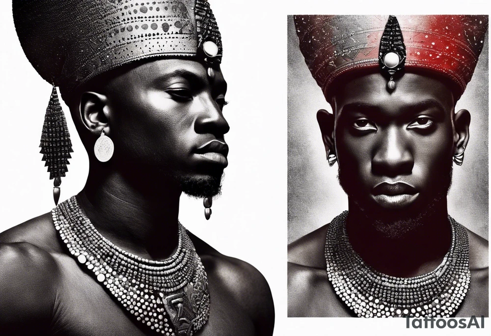 Black-skinned bald african warrior. He is a god of the war. Wears a simple red necklace and a silver crown tattoo idea