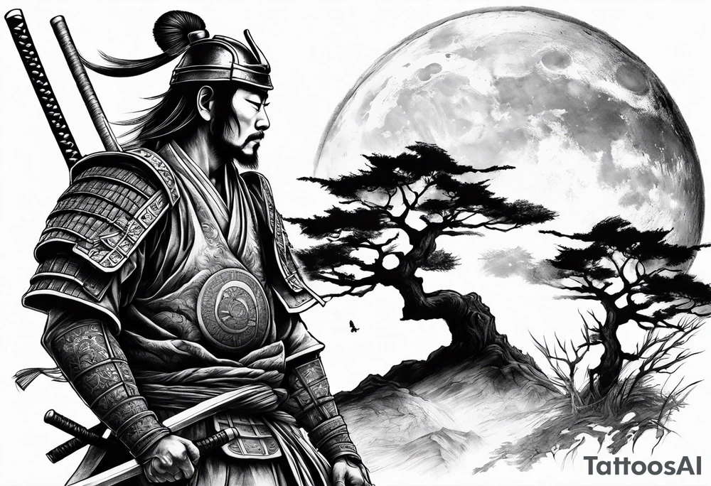 samurai with helmet with quarter moon and dead tree in the background tattoo idea