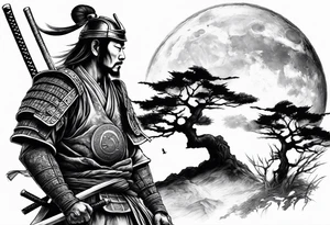 samurai with helmet with quarter moon and dead tree in the background tattoo idea