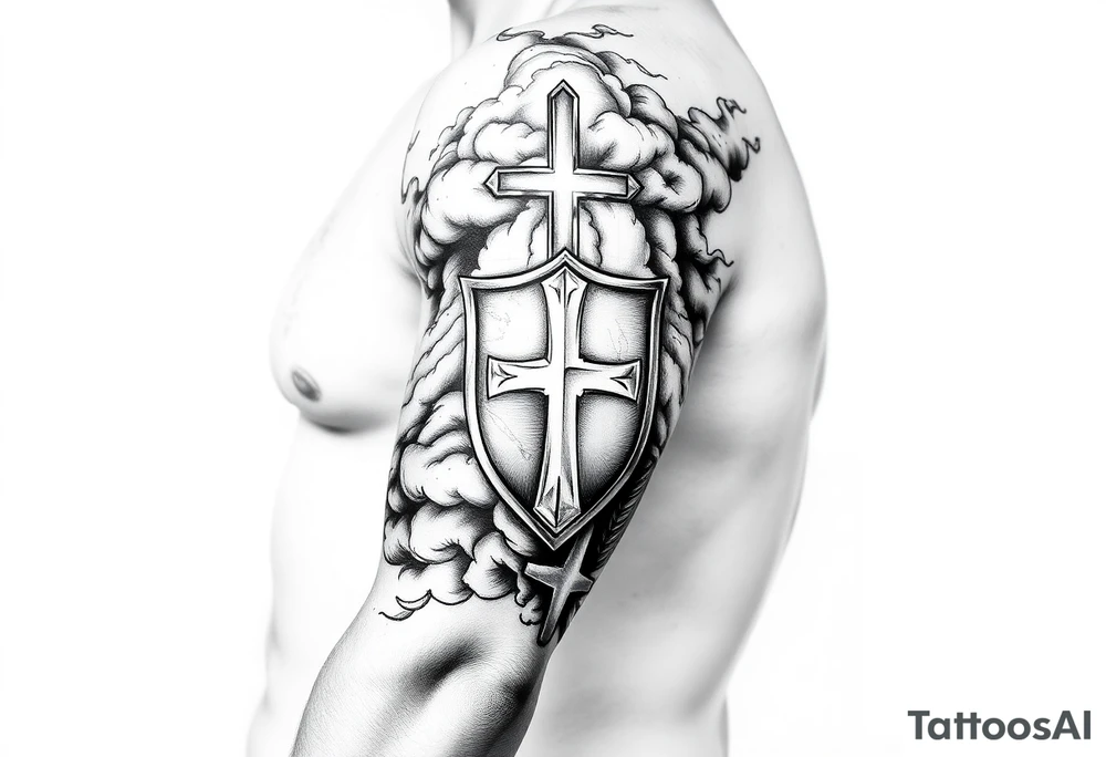 Half sleeve. powerful, cloud, shield, cross, sky tattoo idea
