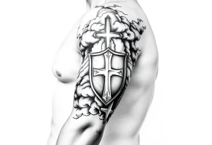 Half sleeve. powerful, cloud, shield, cross, sky tattoo idea