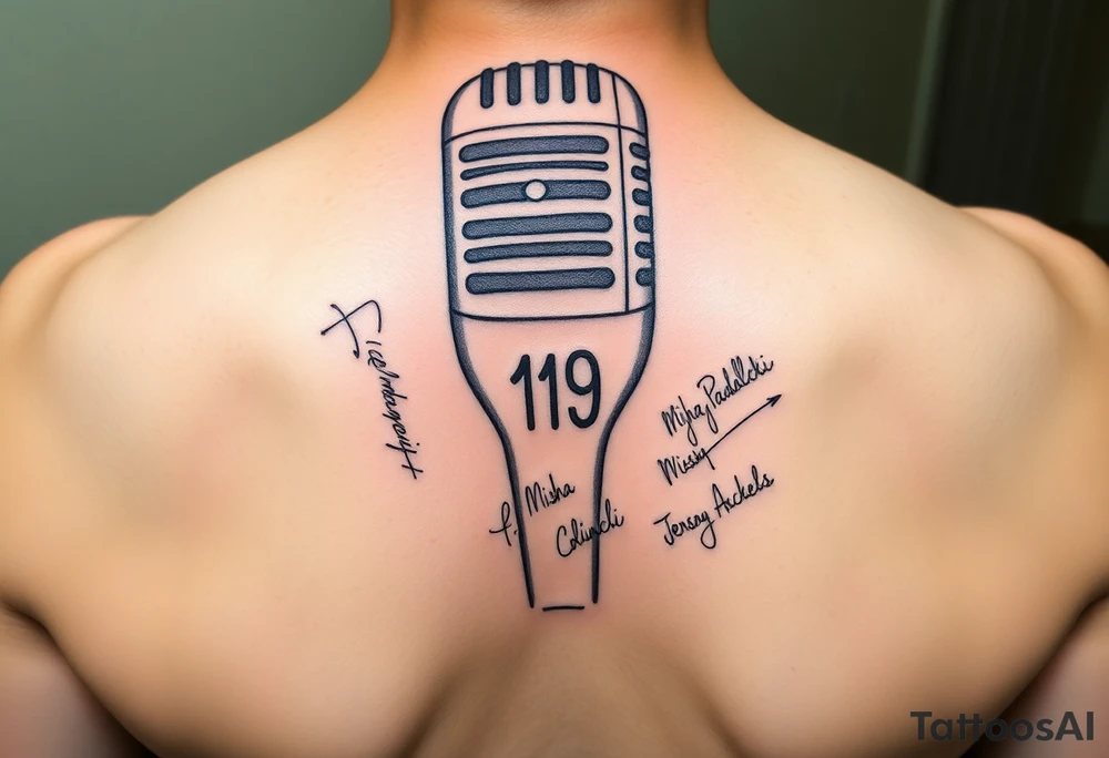 A wireless, white microphone with purple stitches holding it together all over. On the mouth part is the number 19. On the part where someone would hold the microphone is the autographs of Jared Padalecki, Misha Collins and Jensen Ackles tattoo idea