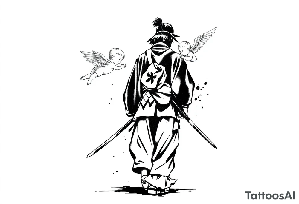 "Blackwork tattoo sketch of a lone samurai walking forward, shown in dramatic silhouette style. The samurai wears traditional kimono and hakama, holding a katana in one hand with the blade pointing downward. Behind him floats a small child angel with detailed feathered wings, gently touching the samurai’s back with one hand, as if stopping or guiding him. Strong contrast, dynamic ink splatter, rough brush strokes, Japanese sumi-e vibe, emotional and symbolic composition, high detail linework, no background." tattoo idea