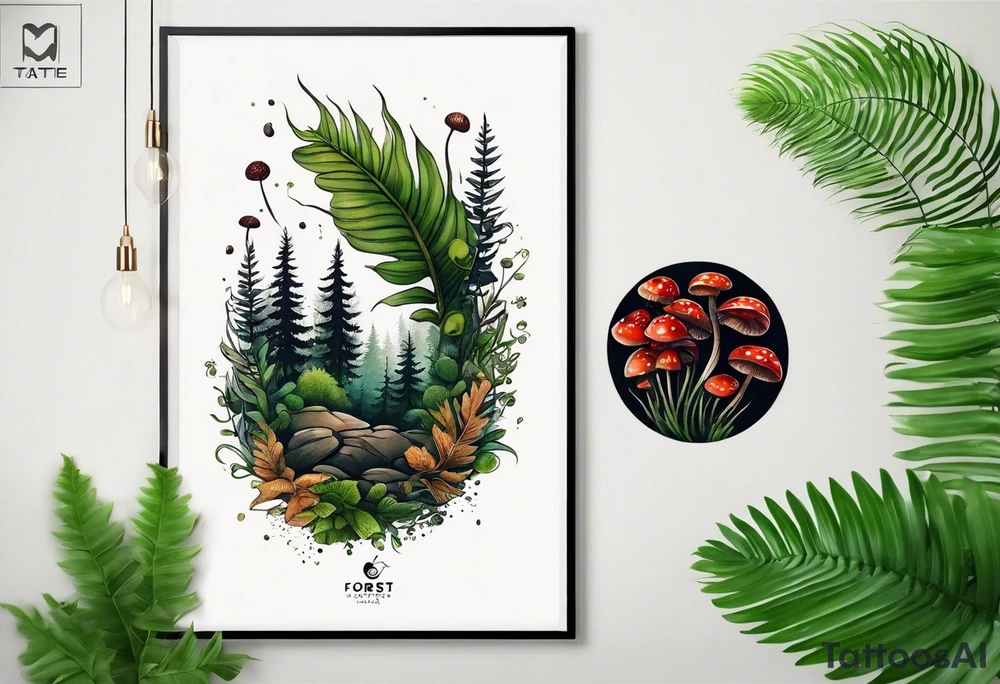 minimalistic forest floor inspired tattoo, which includes grass, moss, curly ferns and dead leaves as the bulk of the tattoo. details to include: forest berries, couple of very small brown mushrooms, a tiny bumblebee flying nearby tattoo idea