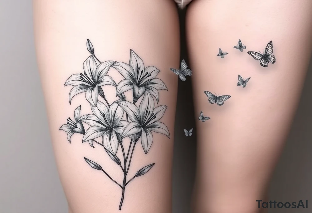 5 to 7 lily blooms in a natural stager with 2 that have petals floating off that gradually dissolve into butterflies in various stages of flight tattoo idea