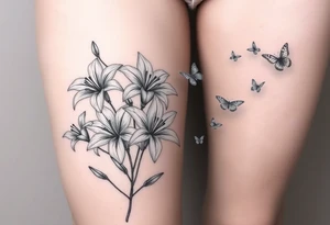 5 to 7 lily blooms in a natural stager with 2 that have petals floating off that gradually dissolve into butterflies in various stages of flight tattoo idea