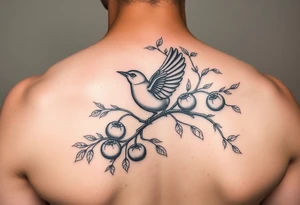 wind up bird in persimmon tree with lots of fruits and branches tattoo idea