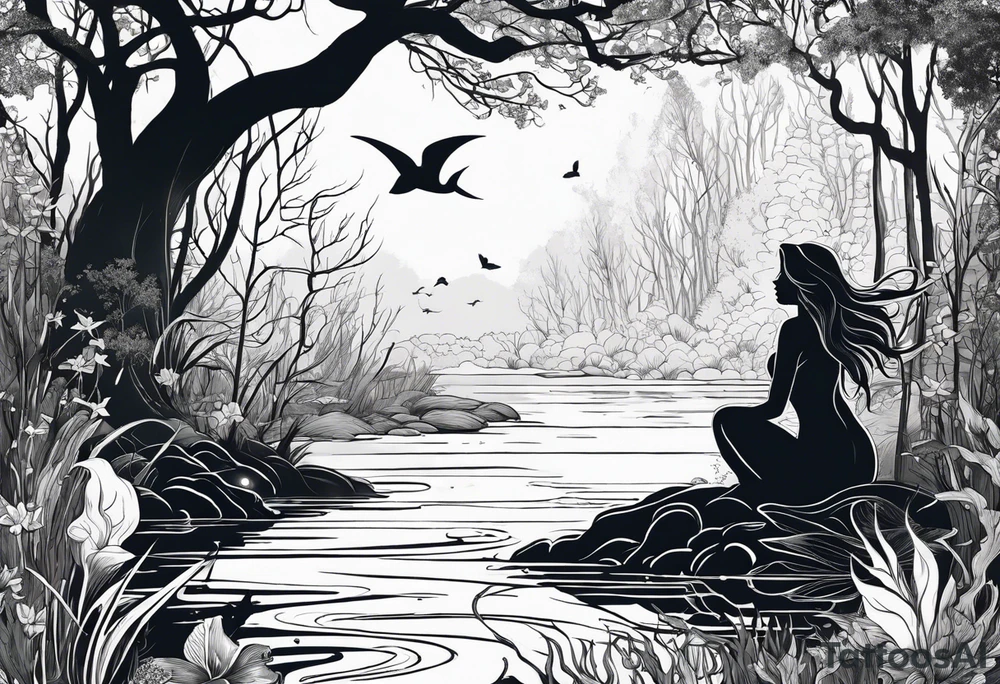 Mermaid silhouette in a swamp with trees and music. tattoo idea