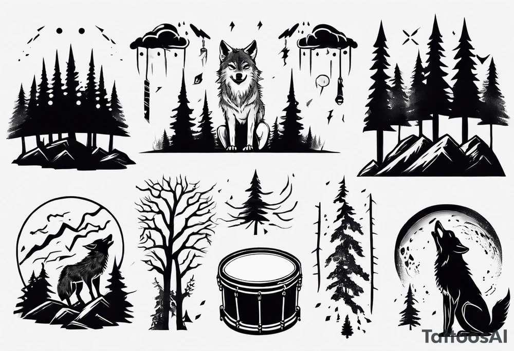 thunderstorm over a forest with a wolf howling on drums tattoo idea thunderstorm over a forest with a wolf howling on drums tattoo idea