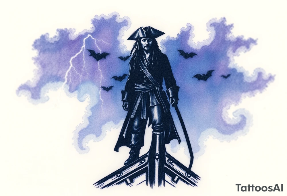 A dark silhouette of Jack Sparrow standing on the bow of a ship, with lightning illuminating the stormy sky behind him in deep blues and purples. tattoo idea