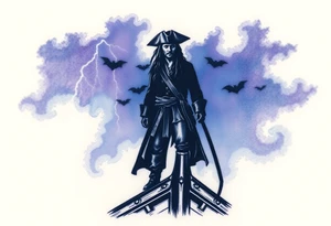 A dark silhouette of Jack Sparrow standing on the bow of a ship, with lightning illuminating the stormy sky behind him in deep blues and purples. tattoo idea