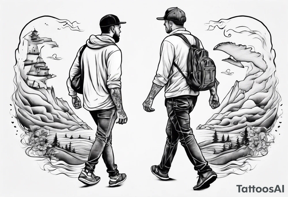 dad and son walks away contour tattoo idea