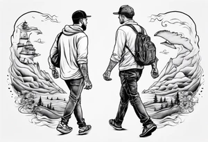 dad and son walks away contour tattoo idea