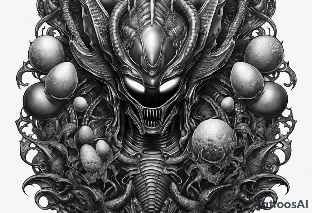 Full body Xenomorph queen guarding ovomorph eggs tattoo idea