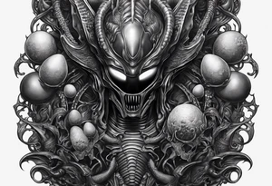 Full body Xenomorph queen guarding ovomorph eggs tattoo idea