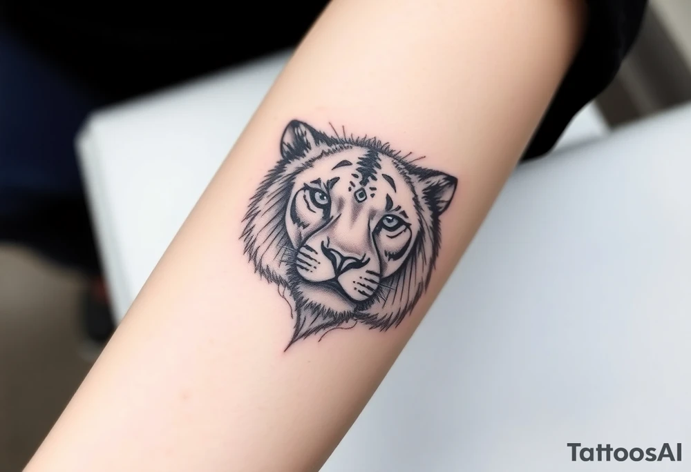Half a lion face, half a lioness face looking straight tattoo idea