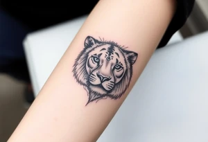 Half a lion face, half a lioness face looking straight tattoo idea