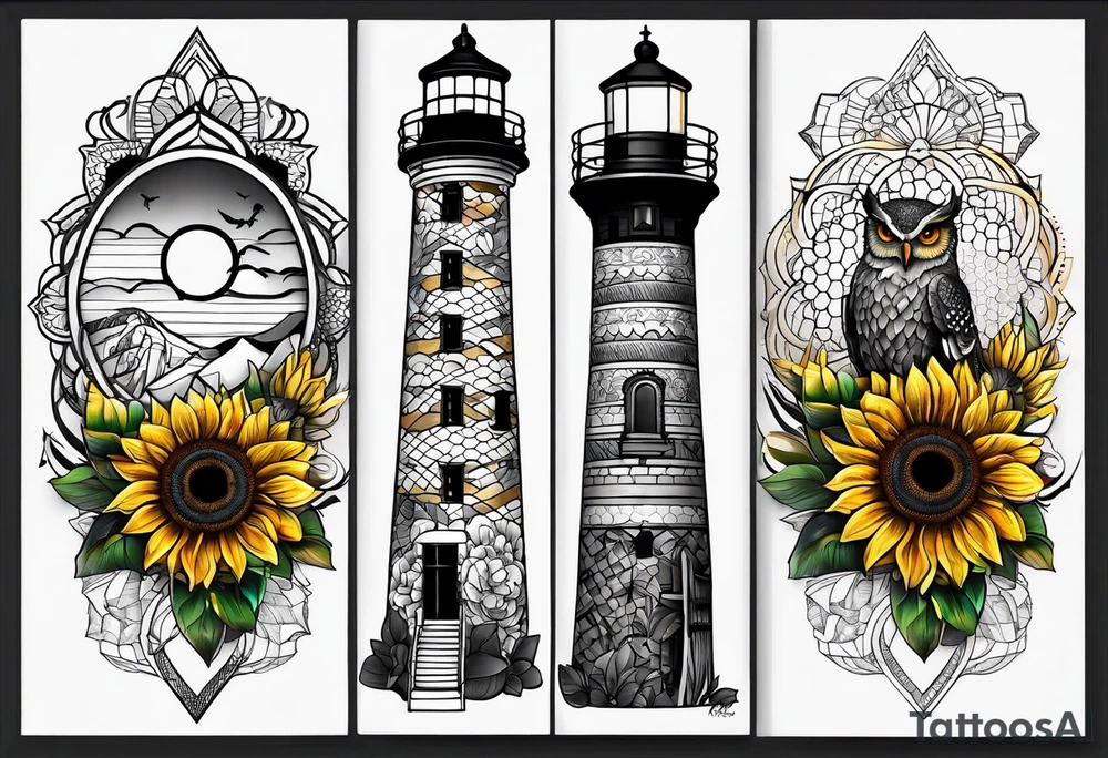 Sunflower forearm tattoo with owl, and light house with honeycomb background and mandala writ wrap tattoo idea