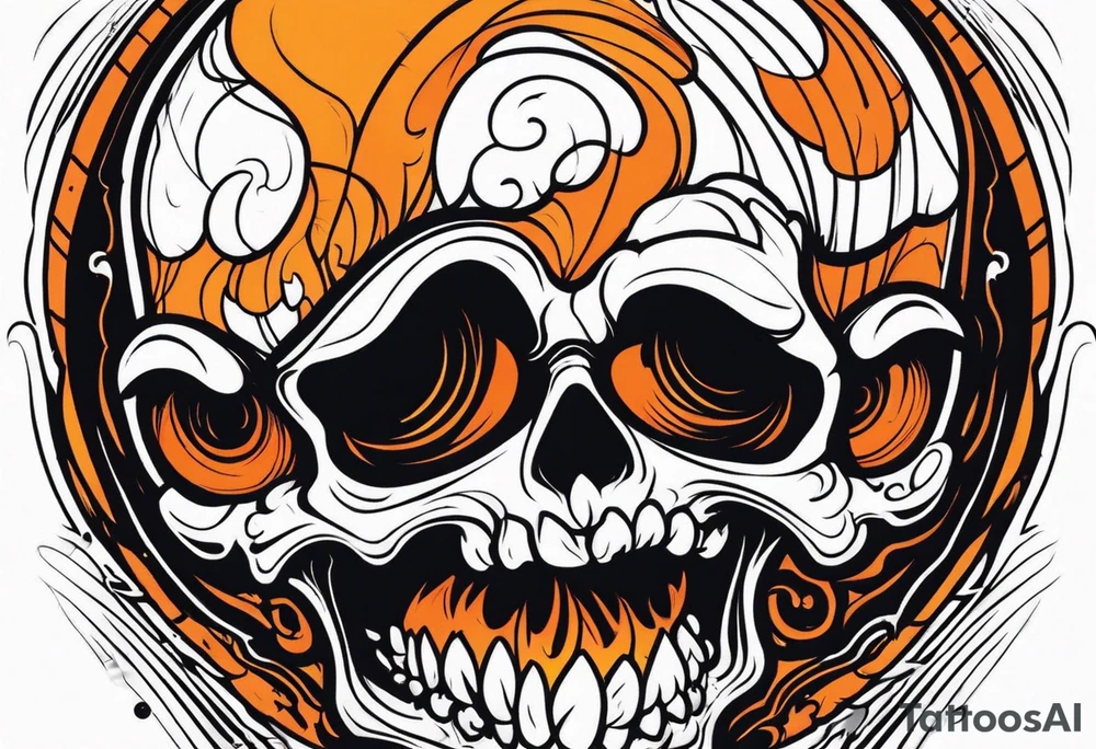 skull laughing black and orange tattoo idea