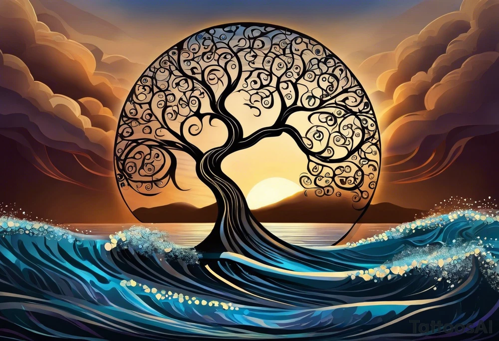 A tattoo design that incorporates the following elements: an abstract tree of life that has roots emerging  from the ground. Waves of water encapsulate the tree and wind around it in an organic way.  Incorporate music.   the letters U and A are overlapping and engraved into the tree. a golf ball incorporated but not prominent. tattoo idea
