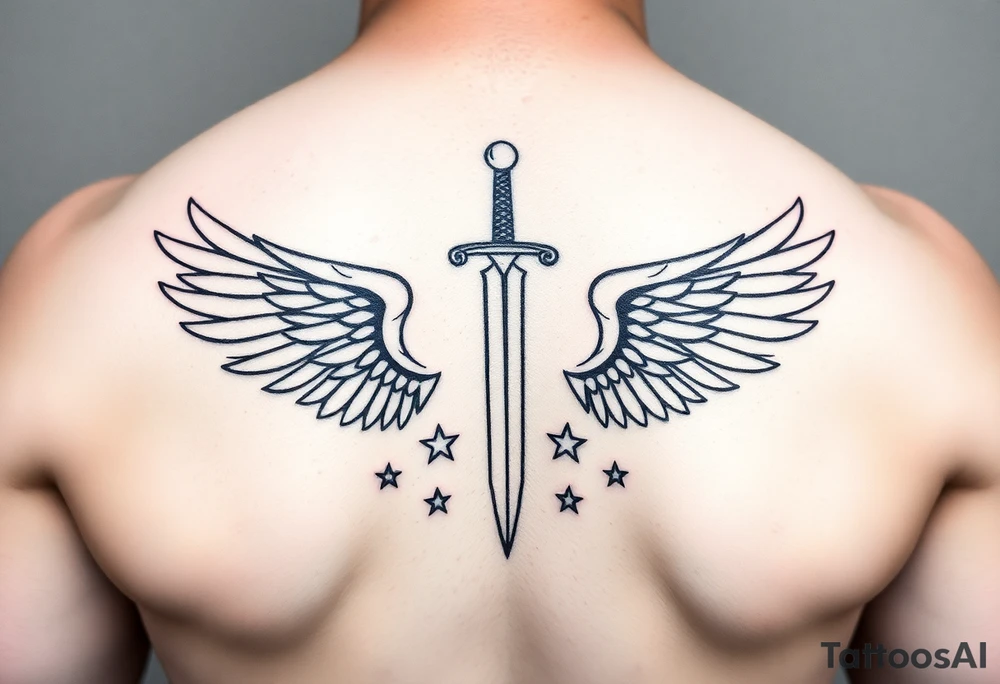 Wings surrounding sword and diamond shaped stars tattoo idea