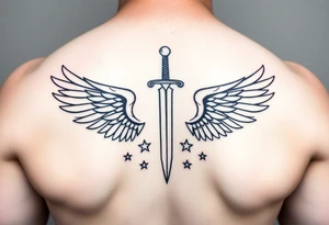 Wings surrounding sword and diamond shaped stars tattoo idea