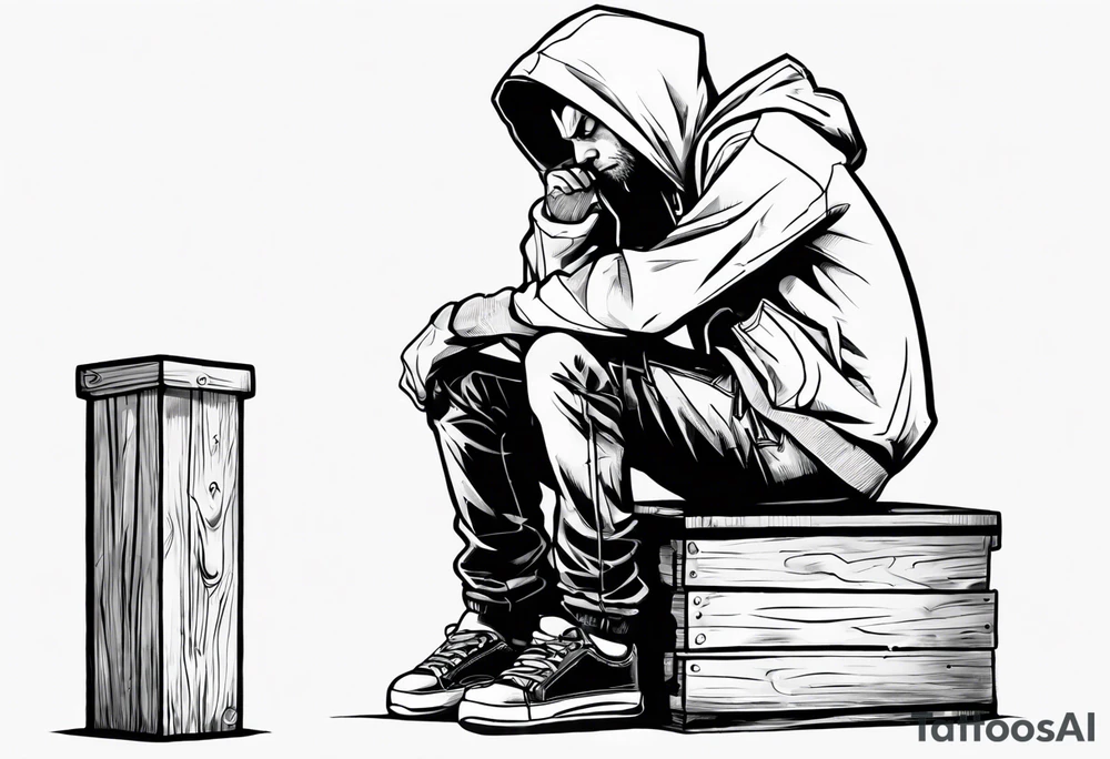 a guy in a hoodie sitting on a wooden box, looking down. Make it feel contemplative, as if you're viewing it from 10 meters away. tattoo idea