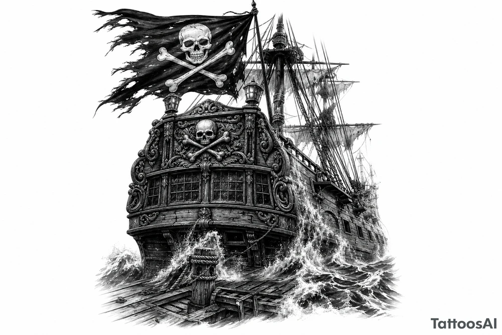 Detailed pirate ship stern, waves crashing over deck, tattered Jolly Roger flag. tattoo idea