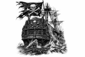 Detailed pirate ship stern, waves crashing over deck, tattered Jolly Roger flag. tattoo idea
