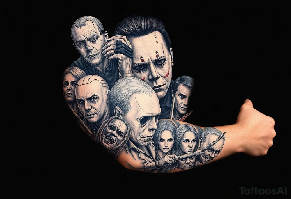 Horrormovie icon Michael Myers. Left arm. I want the other horror movie icons to be filler behind Michael Myers tattoo idea