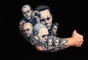 Horrormovie icon Michael Myers. Left arm. I want the other horror movie icons to be filler behind Michael Myers tattoo idea