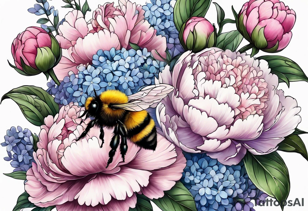 Bouquet of peony with hydrangea and leaves and a bumblebee lilac flowers tattoo idea