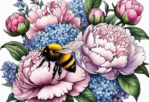 Bouquet of peony with hydrangea and leaves and a bumblebee lilac flowers tattoo idea