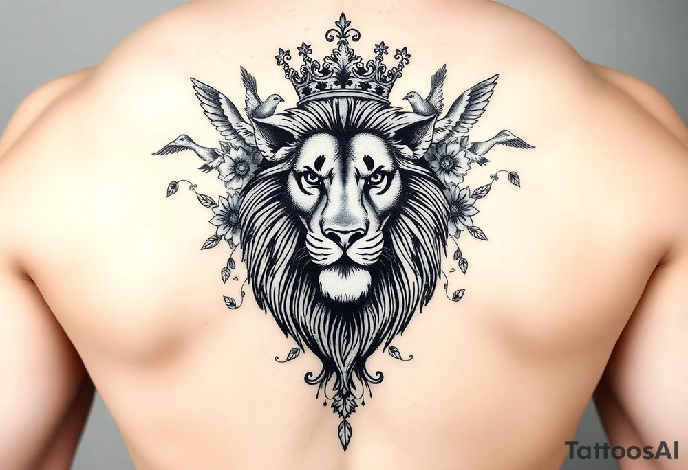 powerful majestic lion with a crown, surrounded by floral ornaments and birds tattoo idea