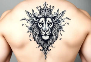 powerful majestic lion with a crown, surrounded by floral ornaments and birds tattoo idea