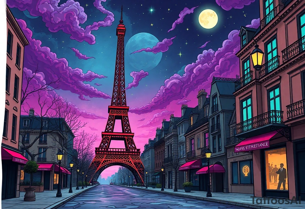 Tim Burton’s paris streets with effel tower from outside view is the street abandoned and dripping with muted reds, dusty pinks, and eerie green glow purple and cyan smokey clouds swirl and dance in the moonlit night sky filled with twinkling stars  tattoo idea tattoo idea
