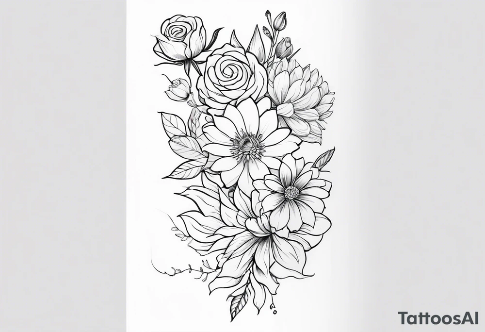 Asters, roses, lily, and chrysanthemums in a stretched line tattoo idea